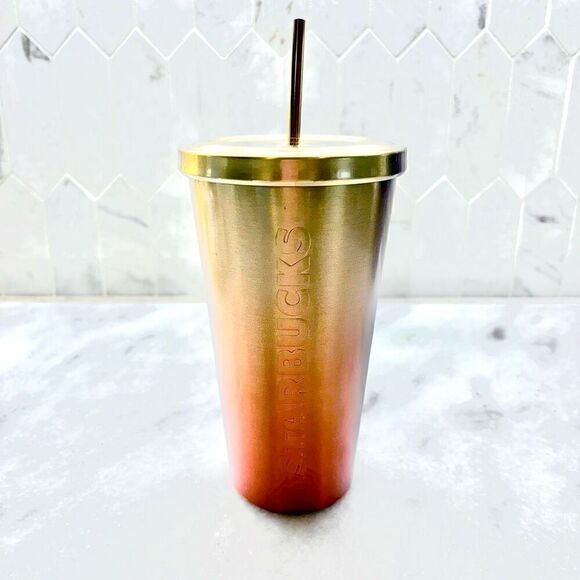 Vintage Starbucks 2014 Double Walled Metal Tumbler Ombre Gold & Reddish Orange 1 - Picture 1 of 5